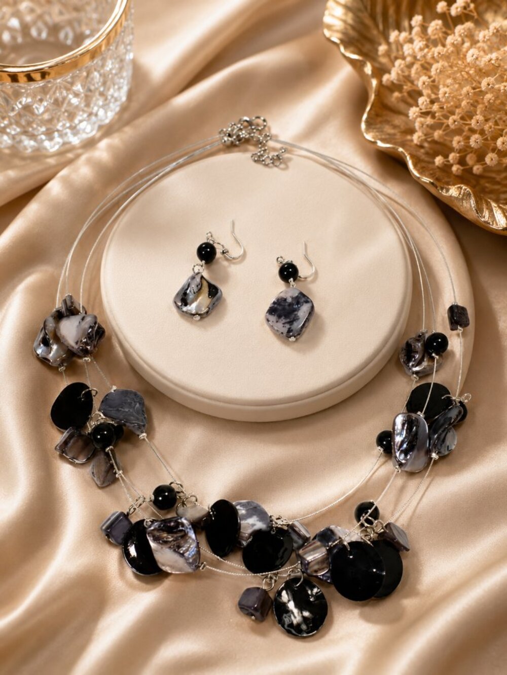 Black Gray Shell Statement Necklace & Earrings Set – Multi Strand Silver Jewelry